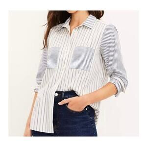 LOFT Button Up Tunic Shirt Women XS White Blue Striped Long Sleeve Pockets
